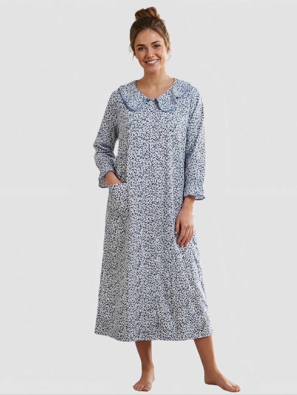 Handmade Cotton Floral Mumu House Dress Nightgown Blue White Oversized Collar XL